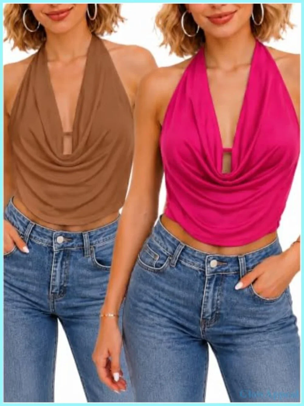 2 Pack Draped Cowl Halter Crop Top Set Back Tie Y2K Sexy Rave Outfits